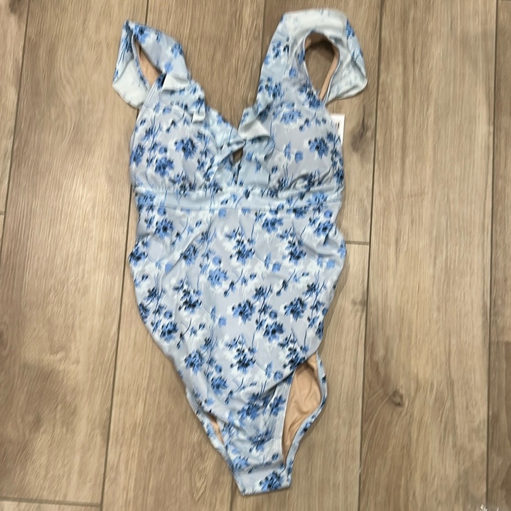 A Pea in the Pod Light Blue Floral One-Piece Maternity Swimsuit